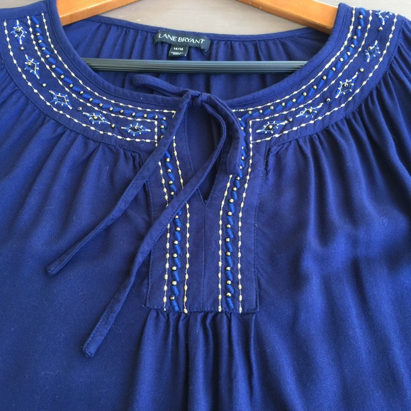 LANE BRYANT Blue Embroidered Bib Blouse - Picture 4 of 7